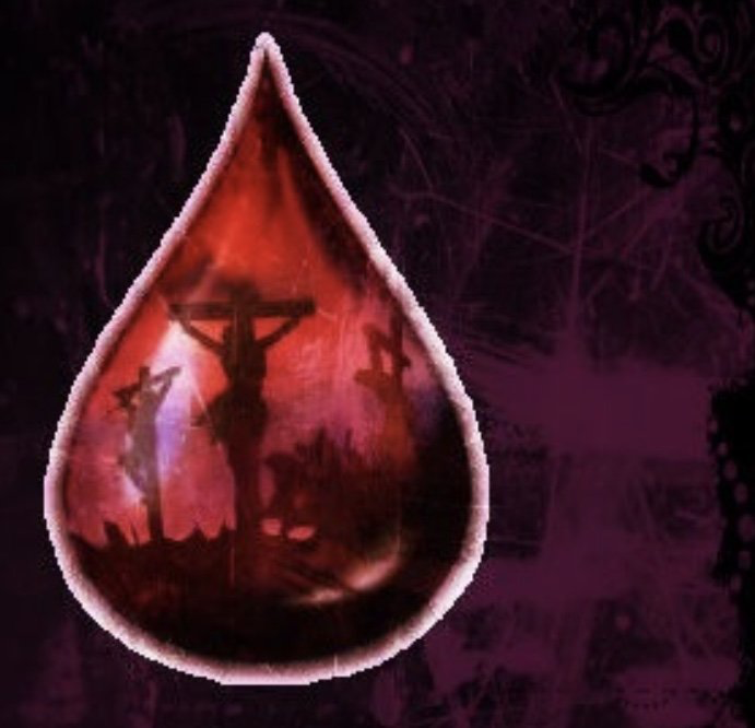 A teardrop with the silhouette of three crosses on a hill, filled with red liquid, on a purple background.