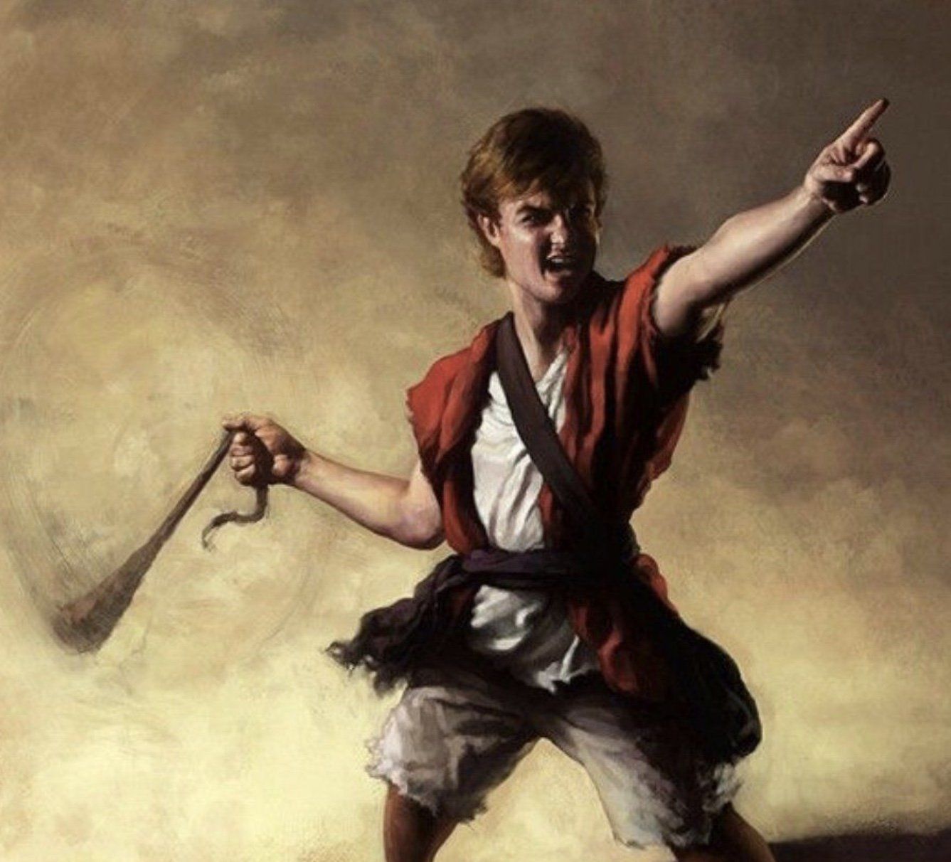 Man in red tunic points and swings a whip.