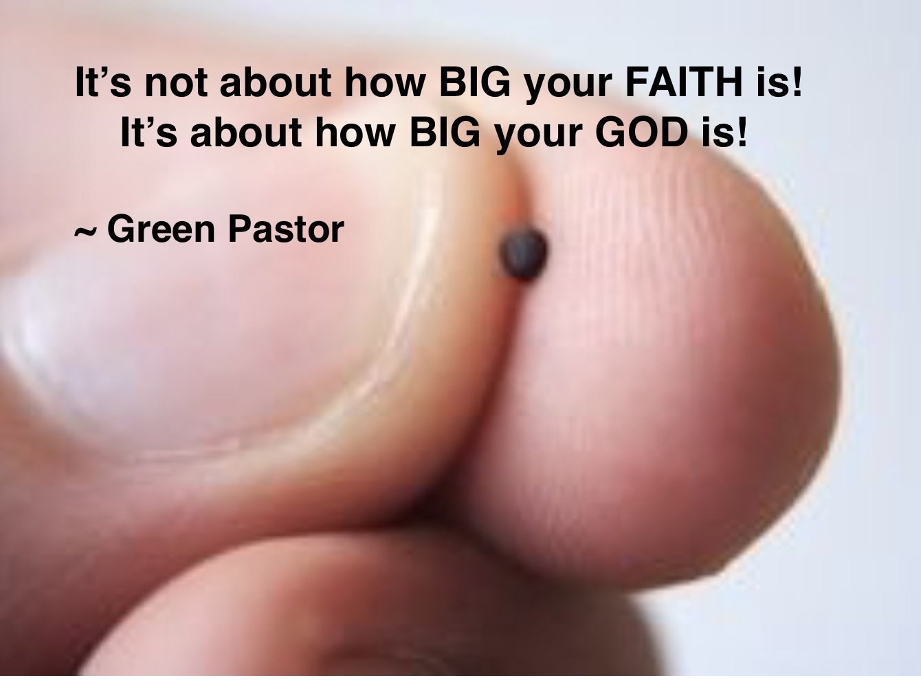 A seed on a finger with text: 