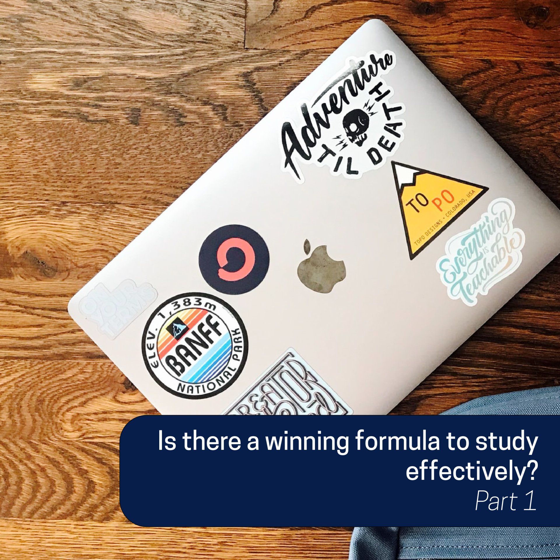 A laptop with stickers on it including one that says banff