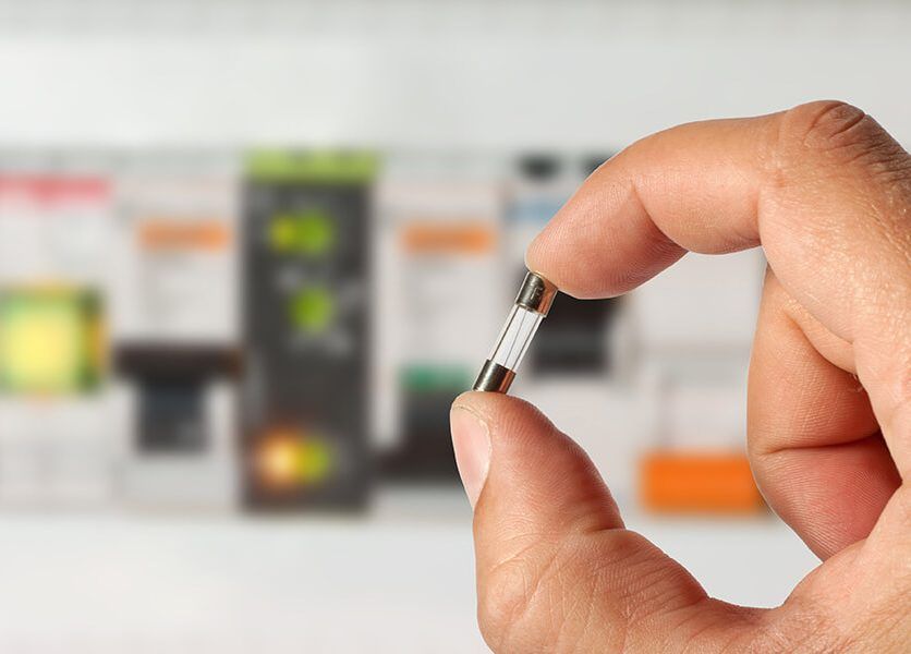 A person is holding a small fuse in their hand.