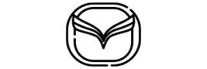 Een zwart-wit Mazda-logo op een witte achtergrond.