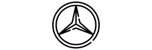 Een zwart-wit Mercedes Benz-logo in een cirkel op een witte achtergrond.