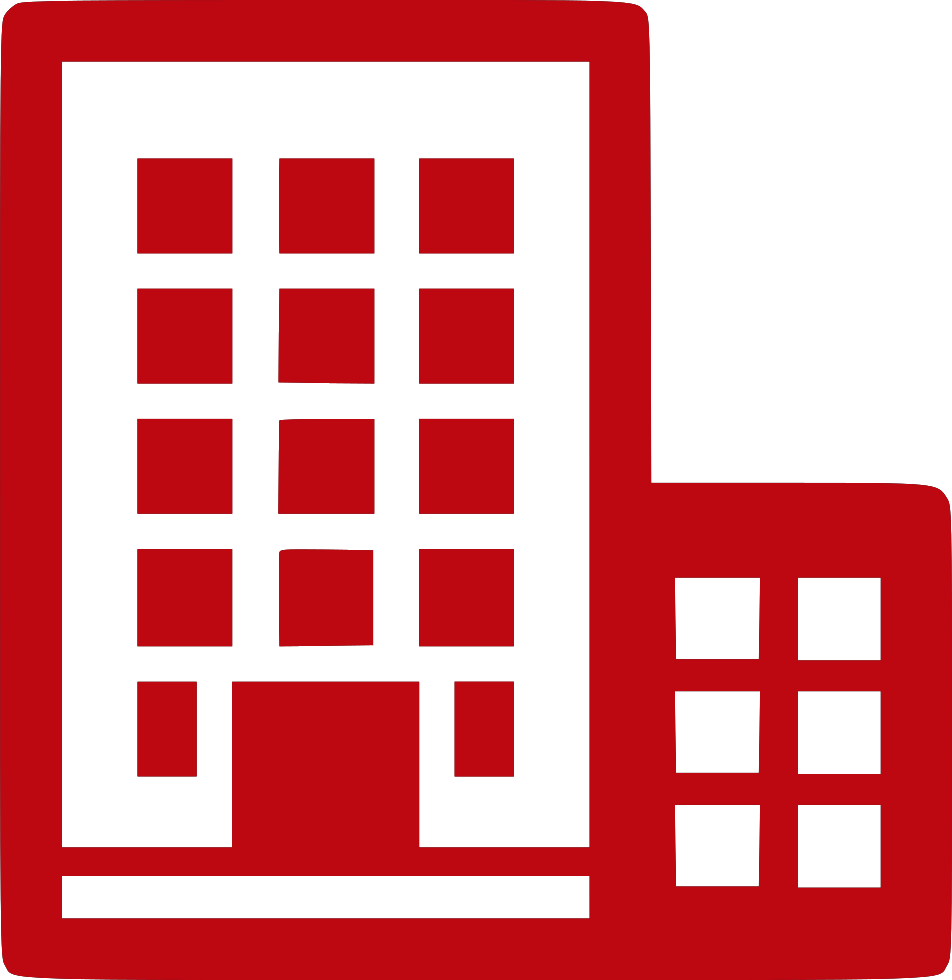 A red and white icon of a building with squares on it.