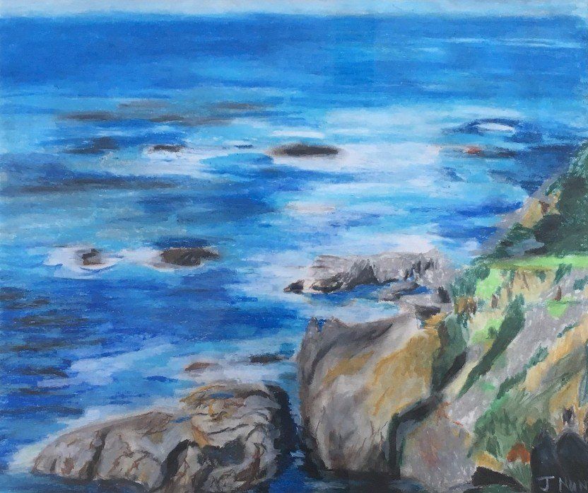 It is a painting of a cliff overlooking the ocean.