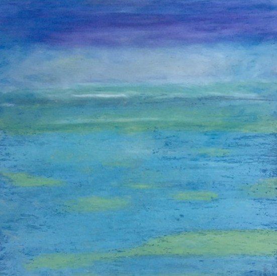 A painting of a blue ocean with a purple sky in the background.