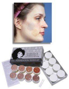 A woman 's face next to a box that says foundation tester kit