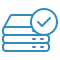 Blue checklist and books icon with a checkmark in the corner