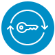 Blue circular icon with a white key and curved arrow, suggesting password reset or recovery