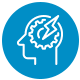 Blue icon of a head with a gear and lightning bolt inside