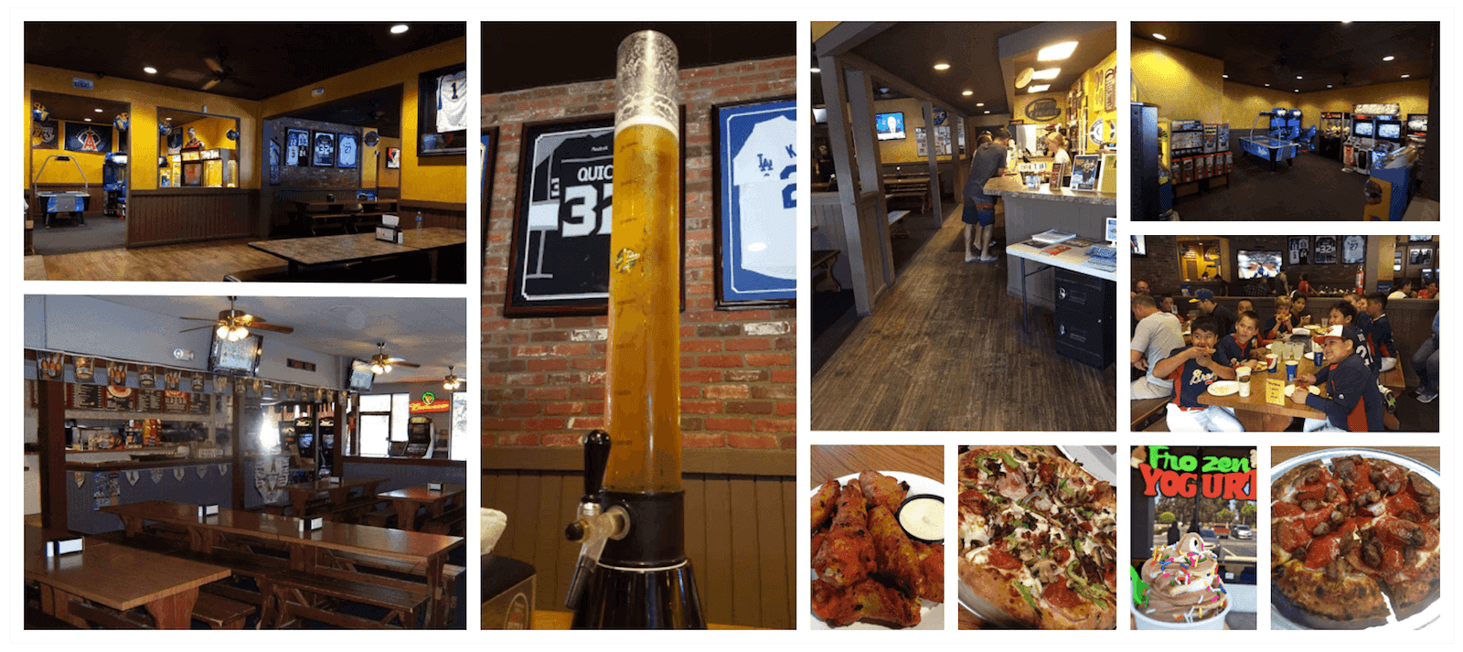 Bar and Family Restaurant in Fountain Valley Ca Image collage of the pizza restaurant interior and menu items
