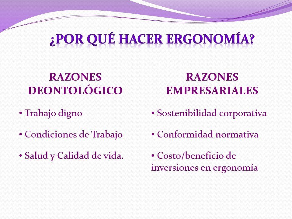 Diapositiva morada titulada “¿Por qué hacer ergonomía?” con razones deontológicas y empresariales.