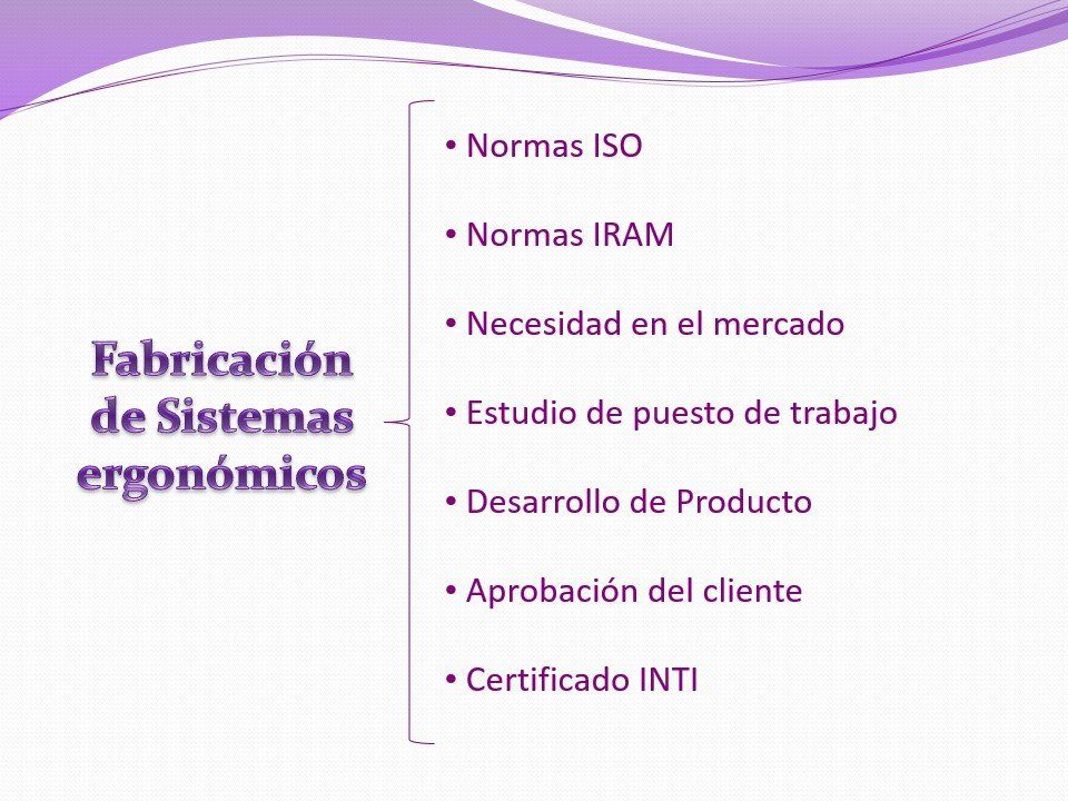 Diapositiva en español sobre “Fabricación de Sistemas ergonómicos” con lista de normas y requisitos en fondo lila.