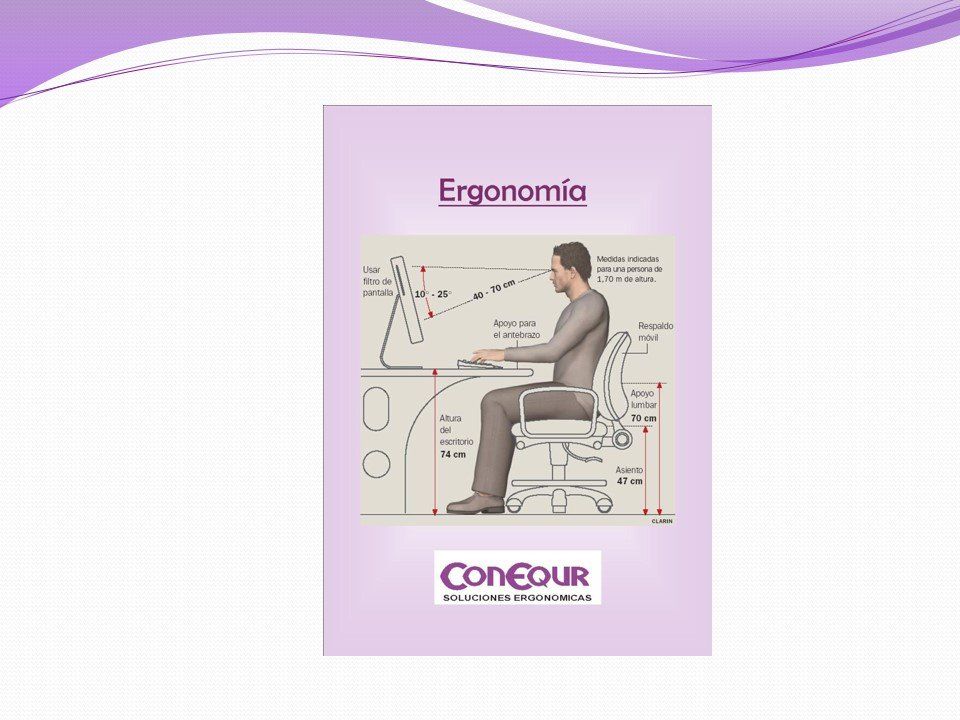Póster de Ergonomía que muestra a un trabajador sentado con pautas posturales etiquetadas y el logotipo de ConQour.