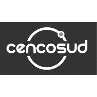 Logotipo de Cencosud en blanco sobre fondo gris oscuro con diseño de flecha circular.