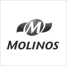 Logotipo de Molinos en blanco y negro con un emblema estilizado de la letra 