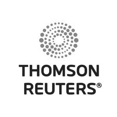 Logotipo de Thomson Reuters con emblema circular punteado gris sobre texto negro sobre fondo blanco.