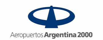 Logotipo de Aeropuertos Argentina 2000 con un óvalo abstracto azul sobre texto gris y negro.