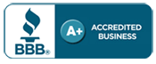 A blue and white logo for an accredited business.