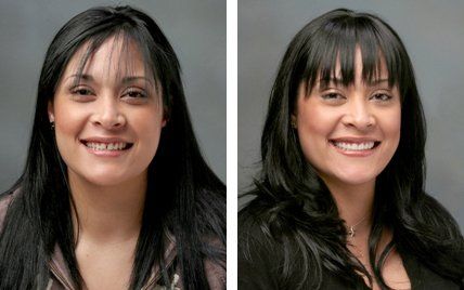 A before and after photo of a woman with long hair and bangs.