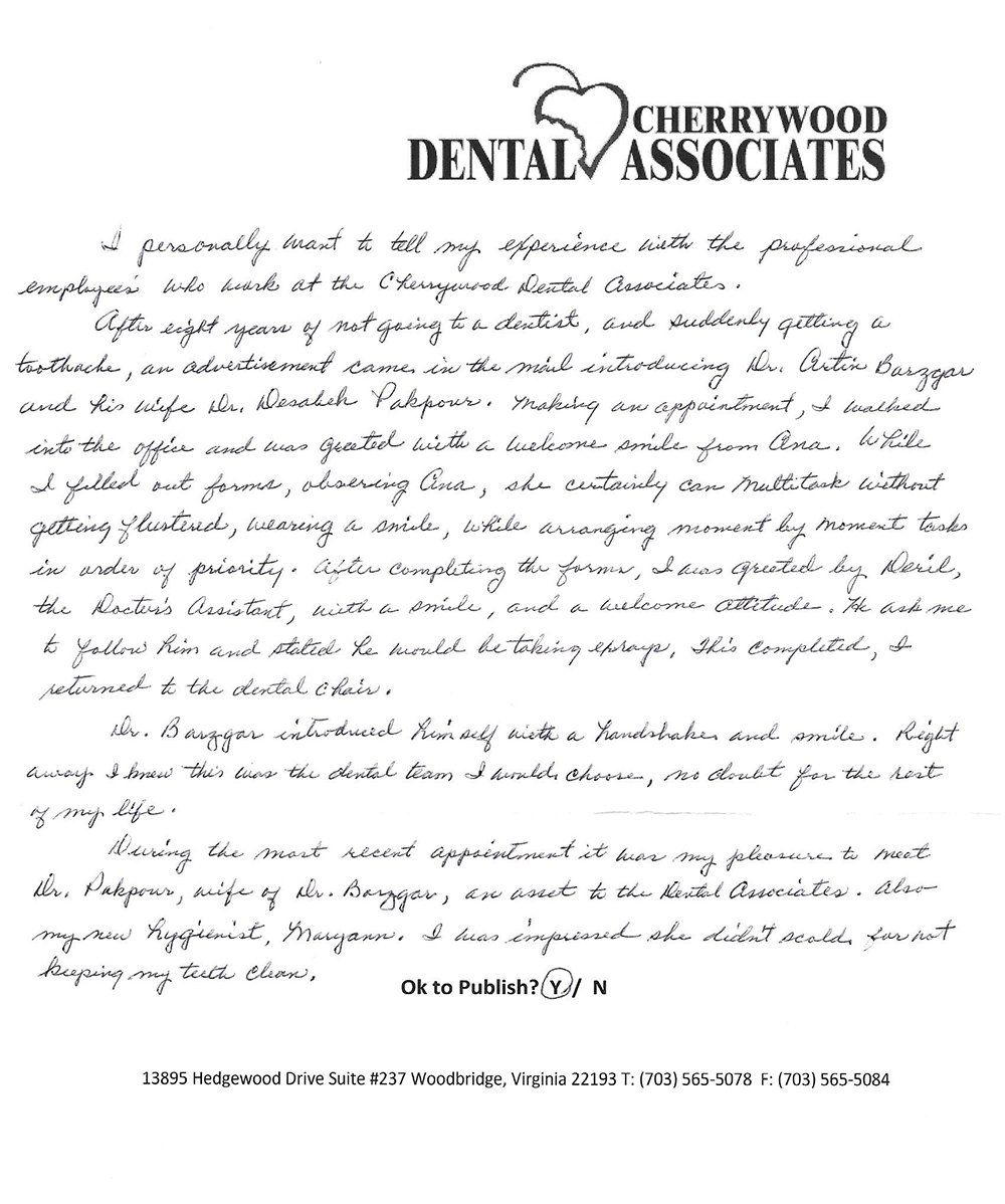 A page of handwritten text from cherrywood dental associates.