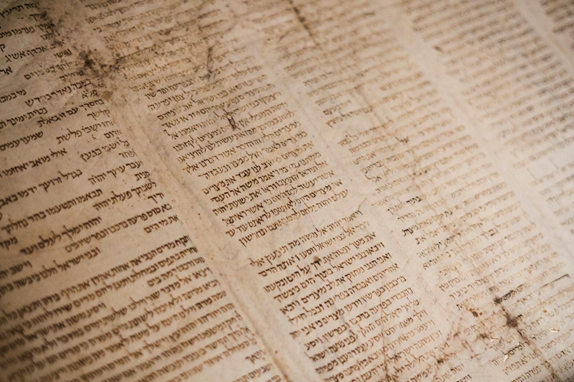 Close-up of aged parchment covered in Hebrew script.