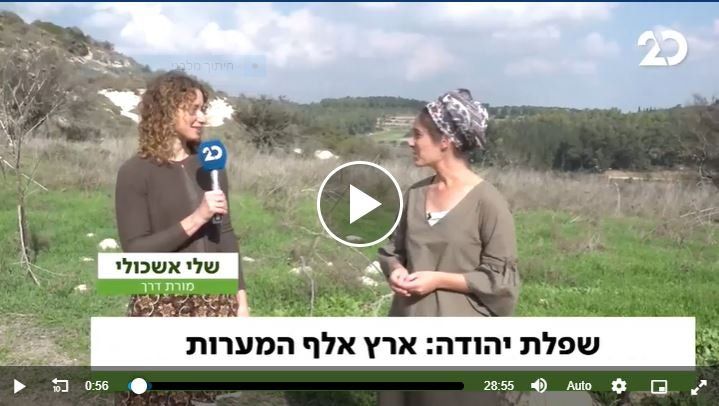 Two women in a field, one interviewing the other. A news broadcast backdrop with text.