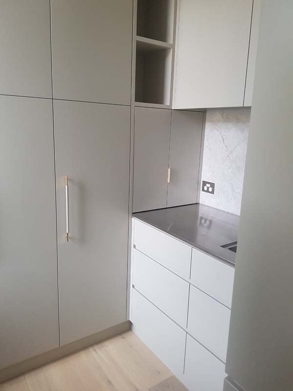 counters and cabinets