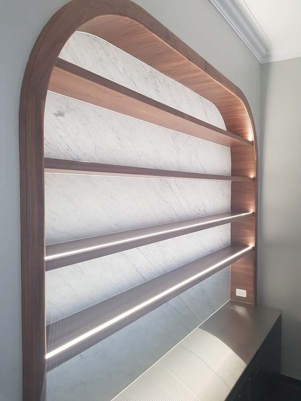 wood shelves with lights