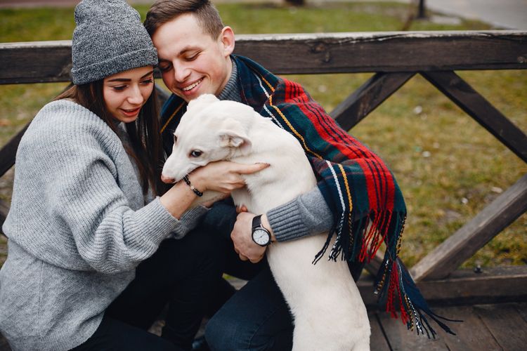 A man and a woman are petting a white dog.