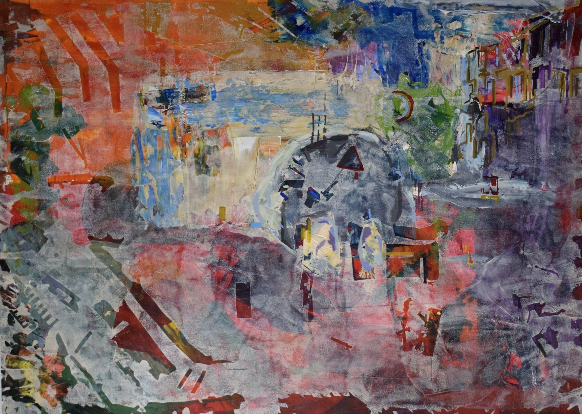 Colourful abstract painting with cream overlay and abstract shapes