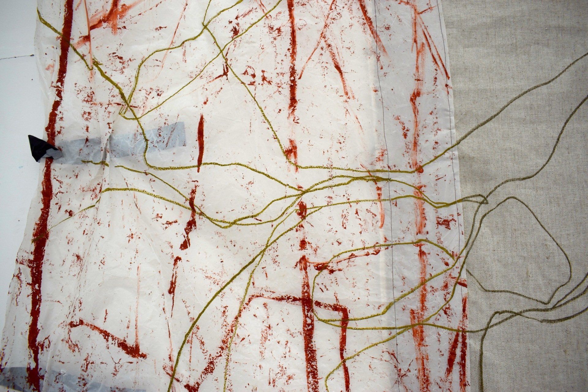 close up of artists painting, red and line oil pastel line
