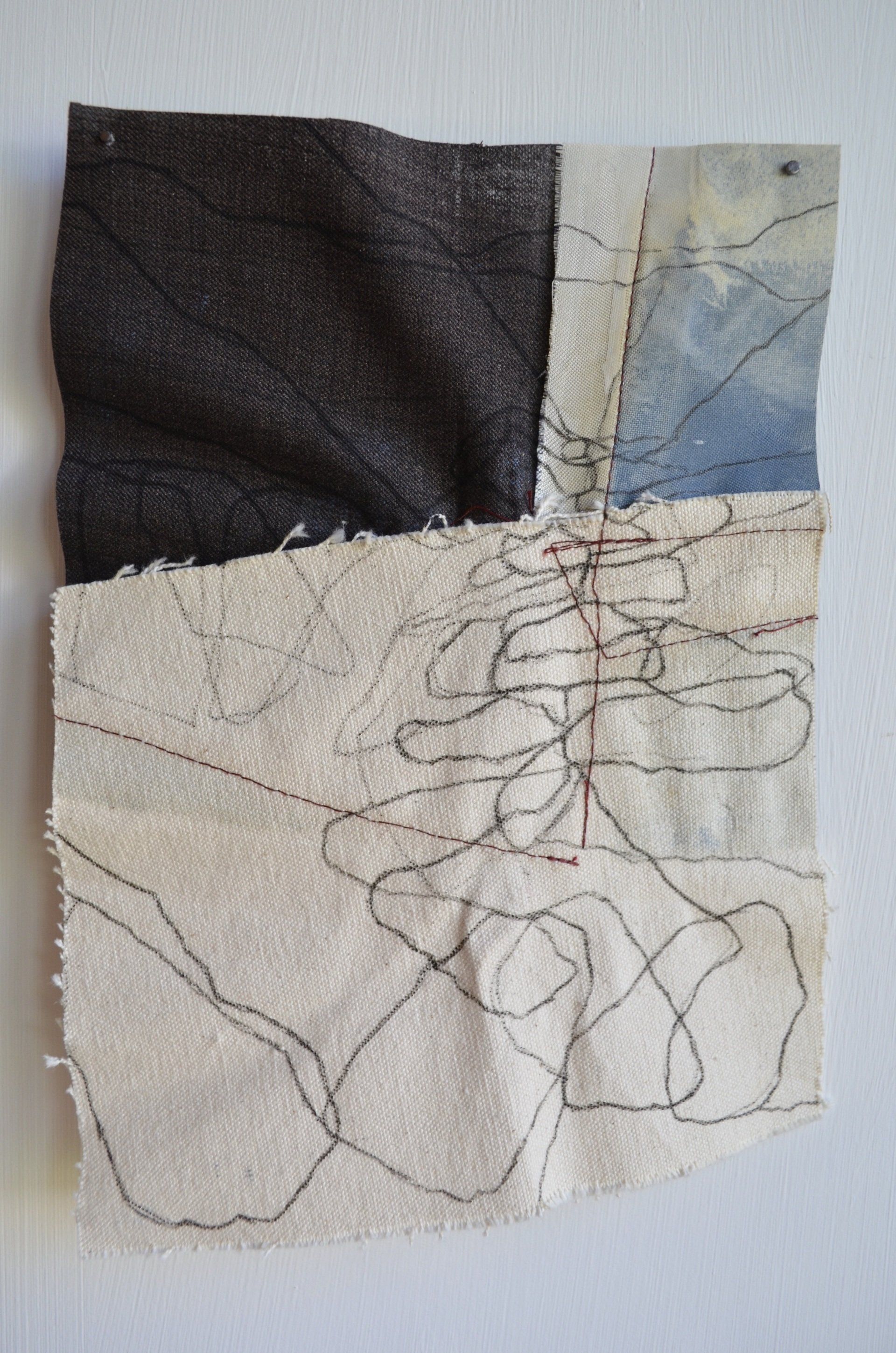 Black line drawing on fabric with blue paint by artist siobhan mclaughlin