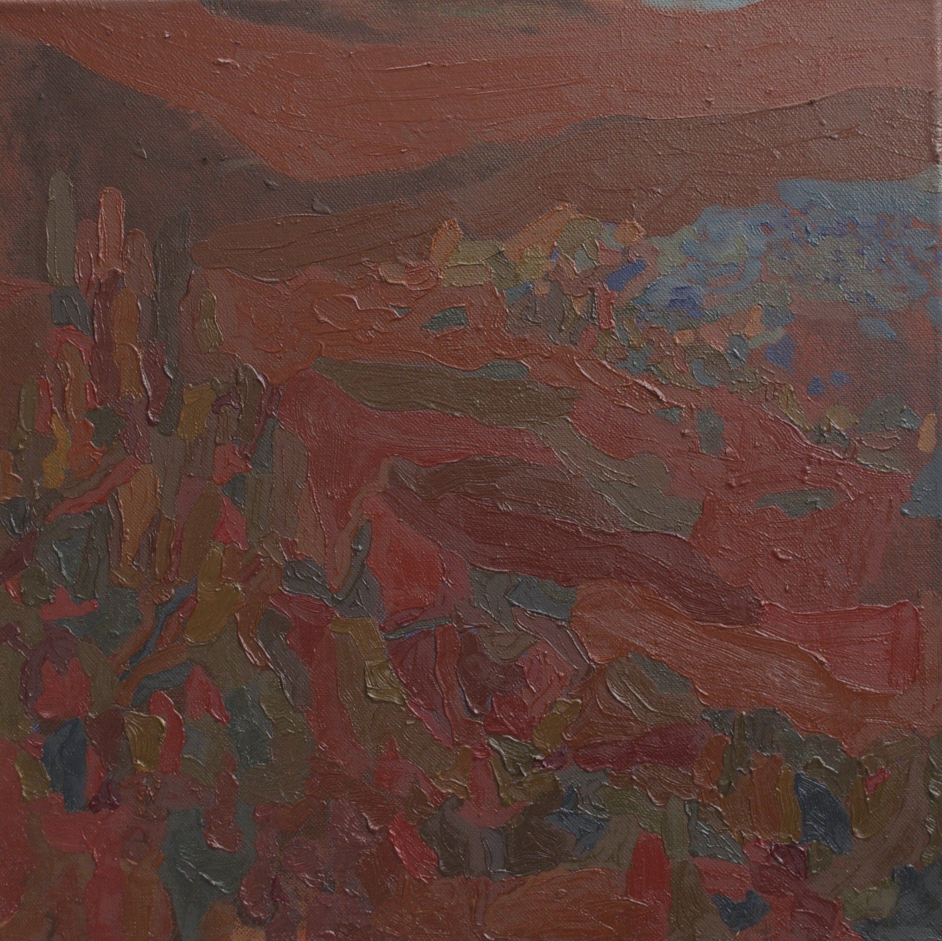 abstract landscape painting in deep red and blue tones