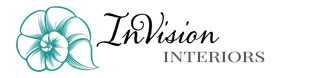 The logo for invision interiors has a flower on it.