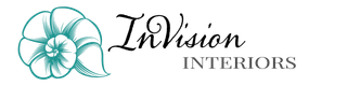 The logo for invision interiors has a flower on it.