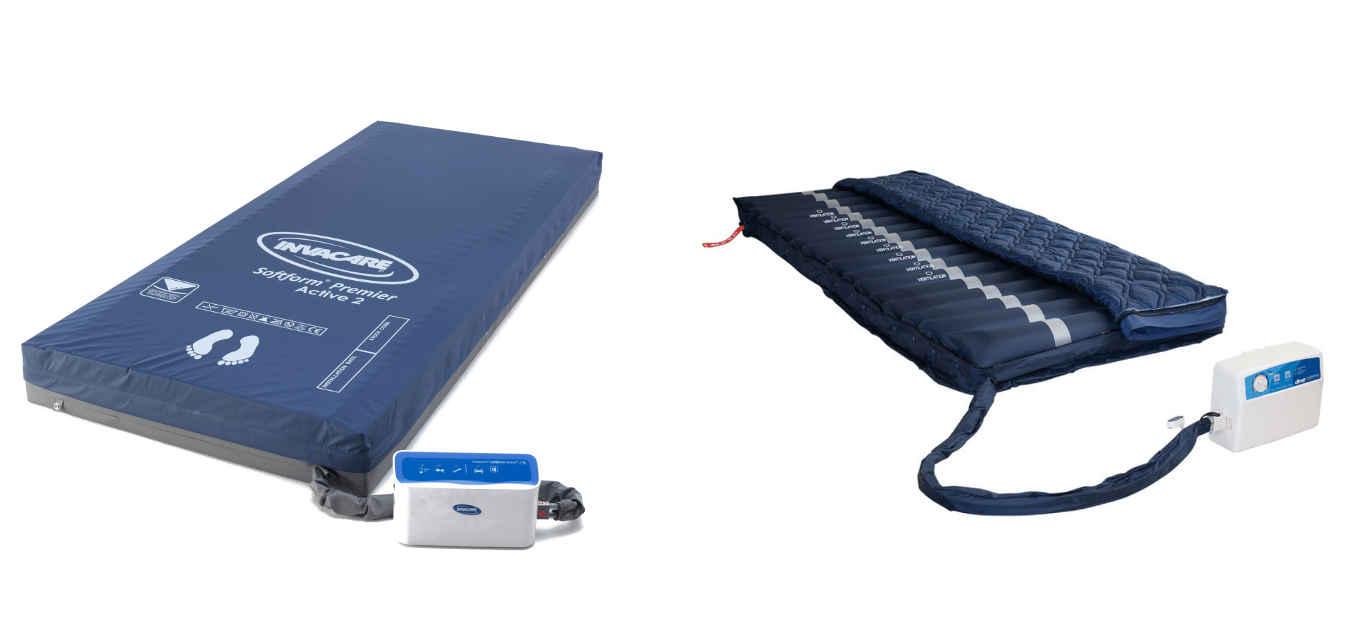 Eine blaue Matratze und eine blaue Matratze mit angeschlossener Pumpe.