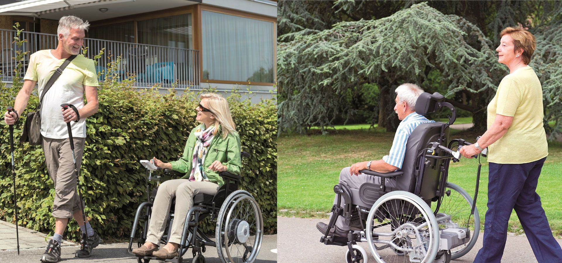 Ein Mann und eine Frau gehen neben einem Mann im Rollstuhl.