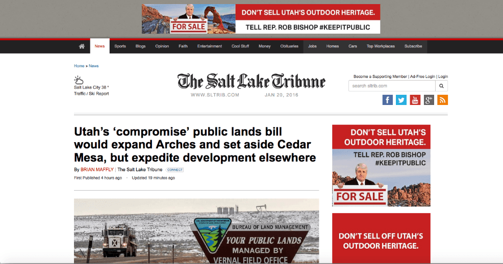 The Salt Lake Tribune homepage displaying a headline about a Utah public lands bill and advocacy ads regarding land sales.
