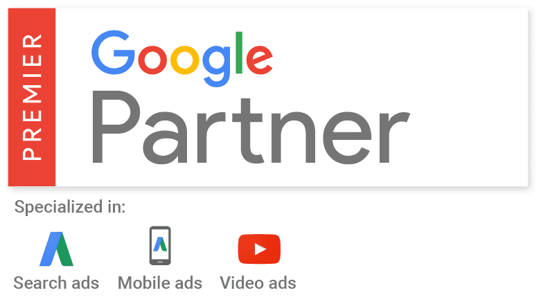 Google Premier Partner badge with specializations in Search ads, Mobile ads, and Video ads.