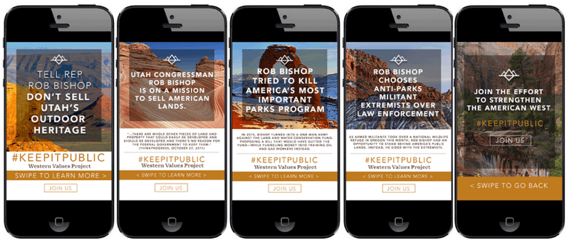 Five smartphones displaying a digital advocacy campaign about public lands, featuring the hashtag #KeepItPublic.