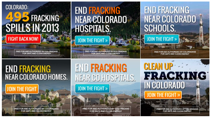 A grid of six anti-fracking advertisements in Colorado, featuring text calls to action and images of industrial sites.