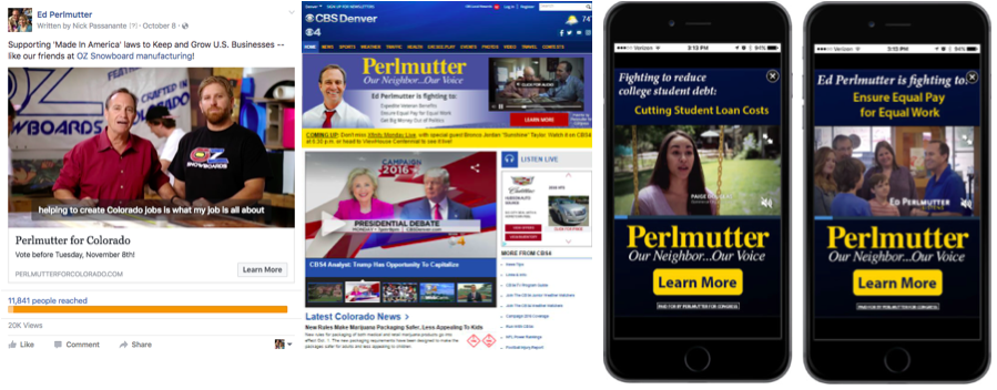 A collage showing Ed Perlmutter campaign advertisements on social media, a news website, and two mobile phone screens.