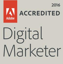 Adobe Accredited Digital Marketer 2016 logo with red branding and grey background.