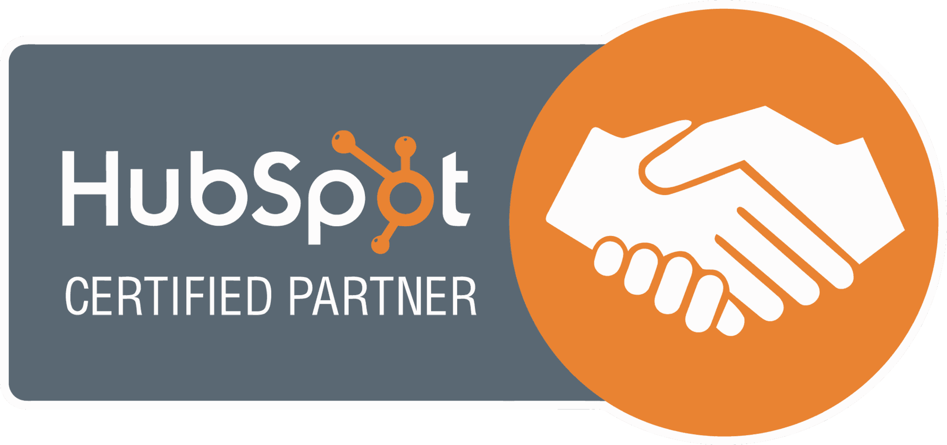 HubSpot Certified Partner badge featuring a white handshake icon on an orange circle next to the company name on gray.