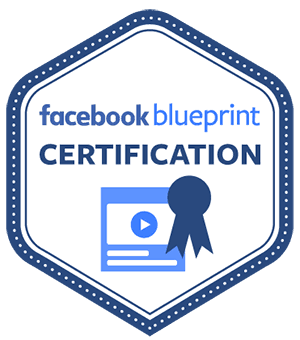 A blue, hexagonal Facebook Blueprint certification badge featuring a document icon with a play button and a ribbon.