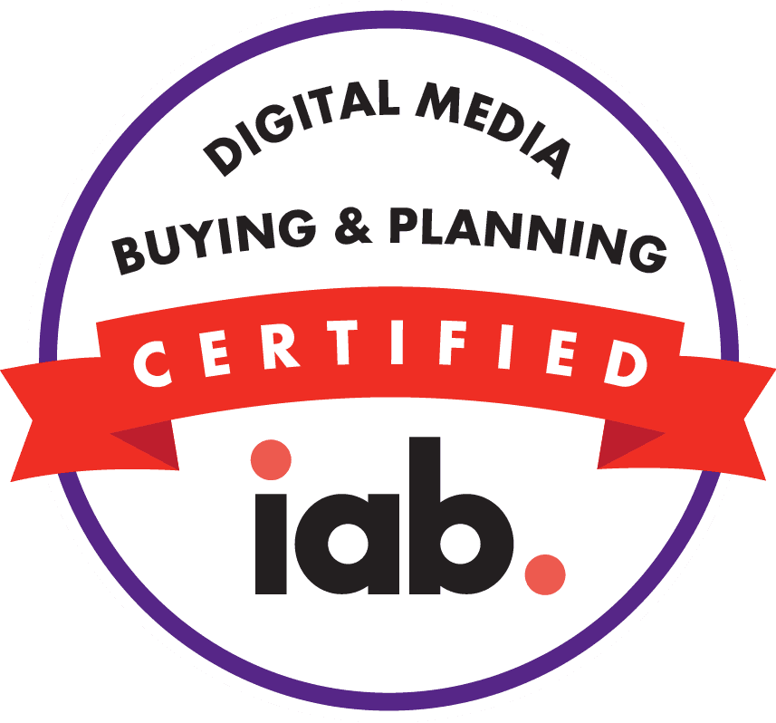 IAB Digital Media Buying & Planning Certified badge featuring a purple circular border, red ribbon, and black iab logo.