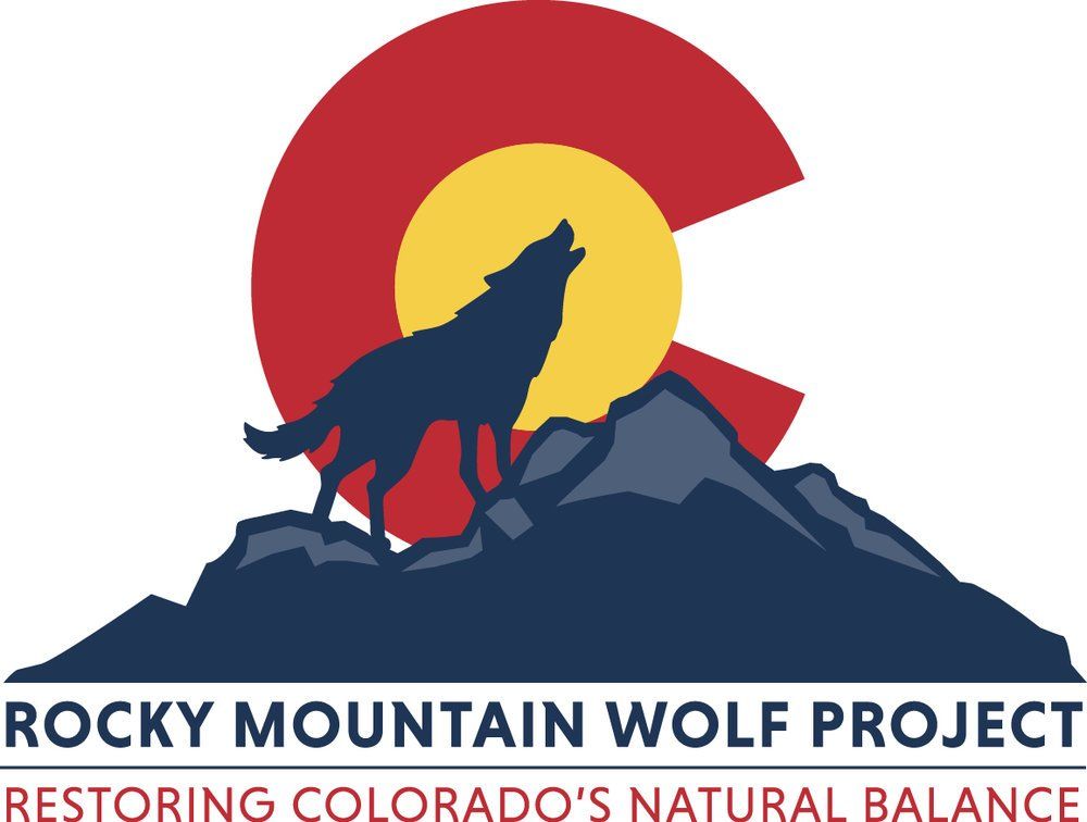 Logo for the Rocky Mountain Wolf Project featuring a howling wolf silhouette against a Colorado flag, over mountains.