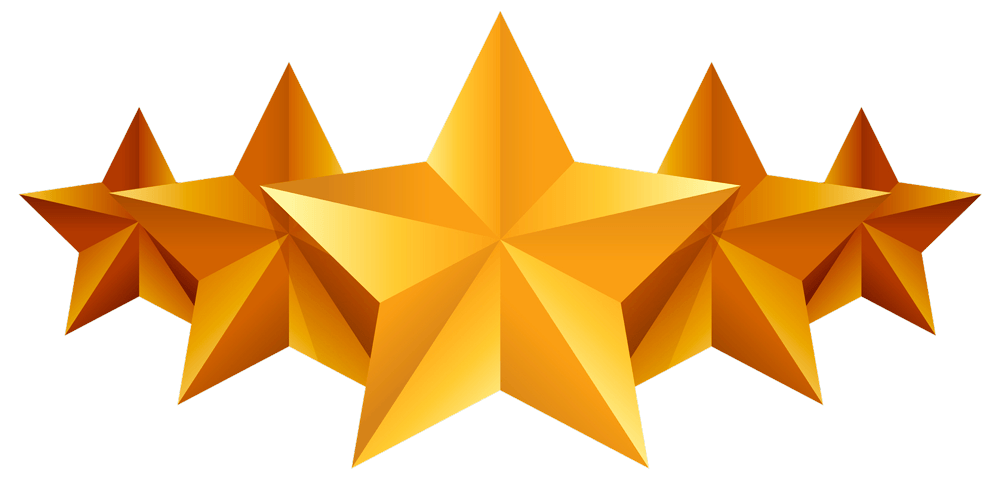 Five gold stars arranged in a horizontal arc, representing a five-star rating.