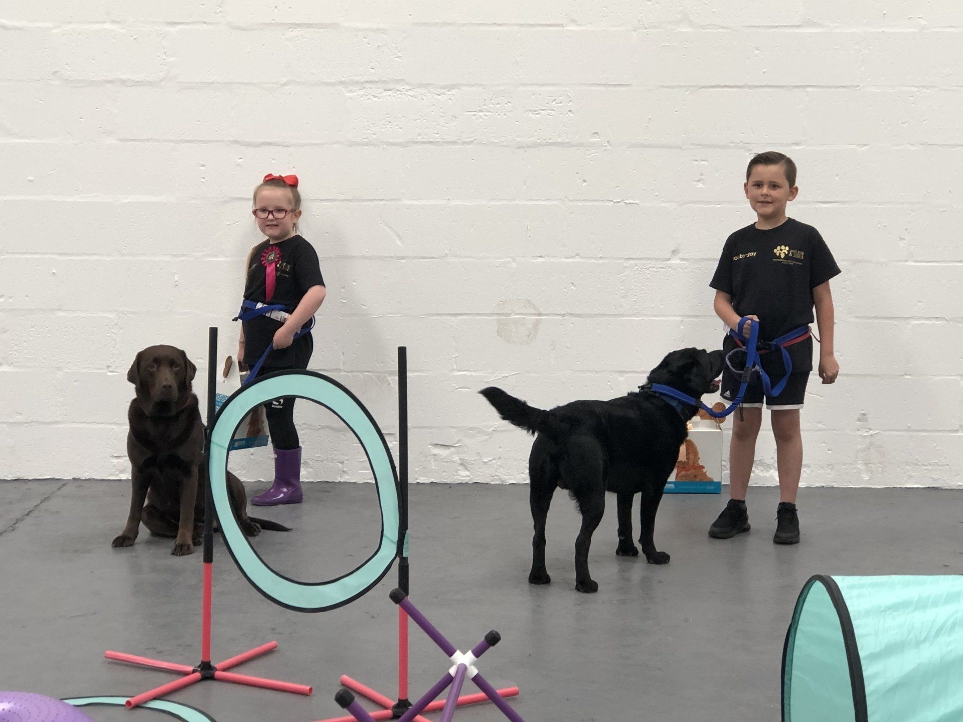 girl and boy training a dog